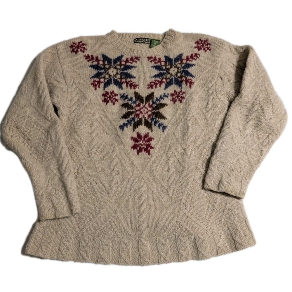 Outback Red 100% Wool Nordic Snowflake Sweater Womens S‎ Cable Knit Cream